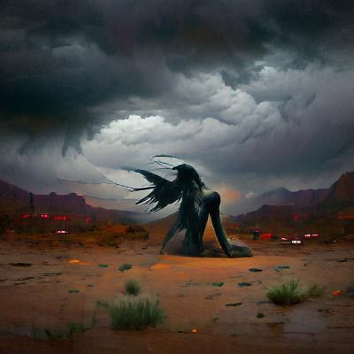 Fallen Angel in the desert under stormy skies