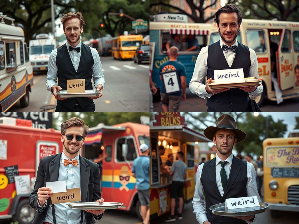 actor Austin Butler, dressed like A BUTLER, in Austin, near foodtrucks, holding a tray with a card that says "weird"