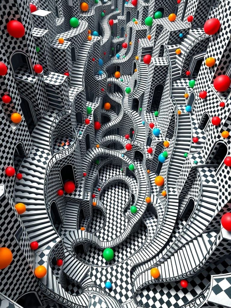 "An Escher-inspired surreal artwork with an all-over tessellation pattern, incorporating black and white ...  by @Wildflowers77 