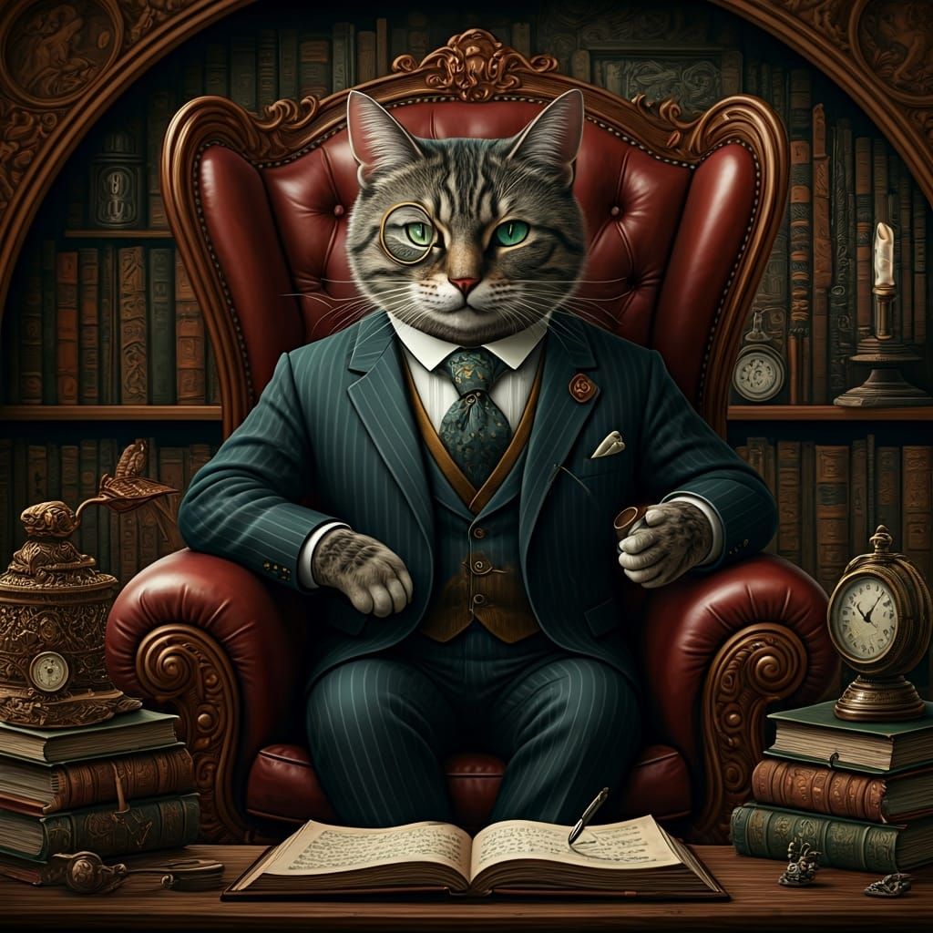 Regal Cat Smoking Pipe in Arthur Rackham Style