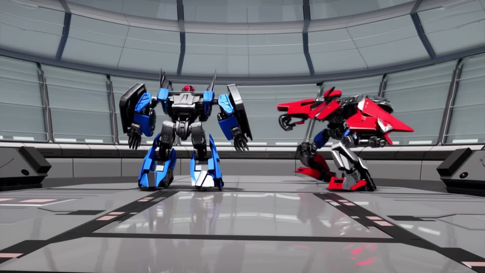 Red vs blue rock-em sock-em robots battle in a ring