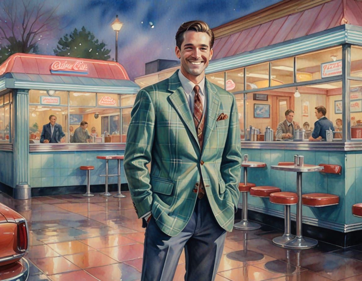 Watercolor painting. Full shot. A man in a plaid sport coat and shiny shoes smiles confidently, standing ...  by @Adriana