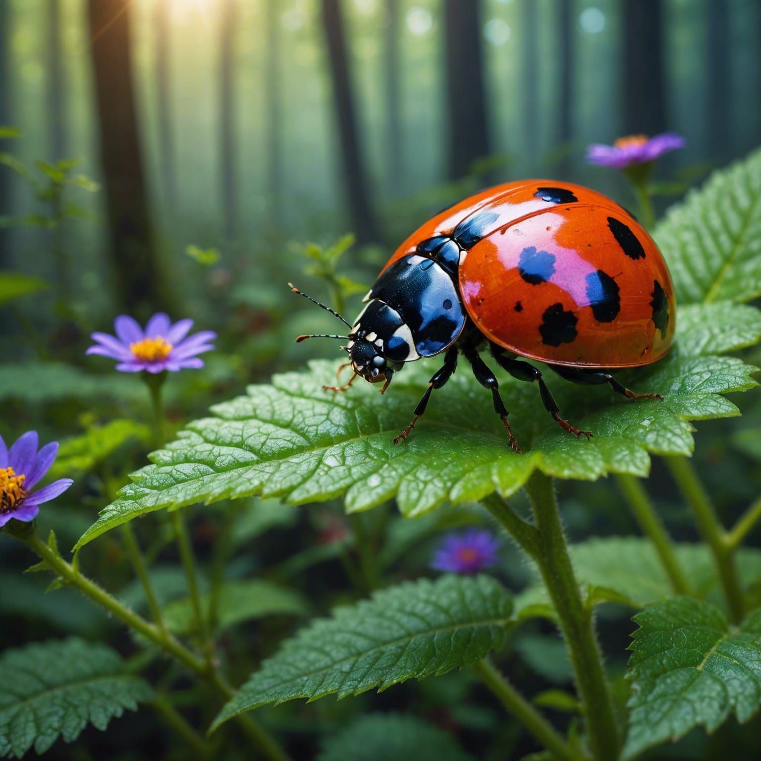 ladybug multicolored in a perfect flower in an magical fores...