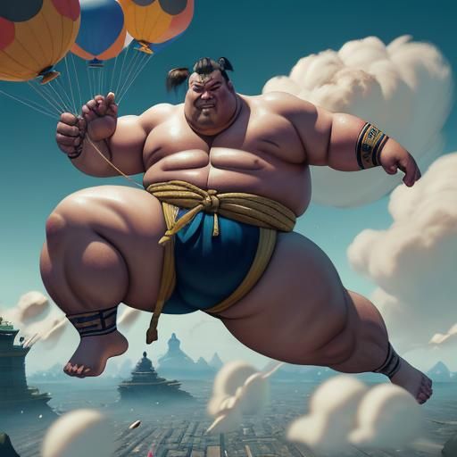 Sumo wrestler in the air being pulled by ballons