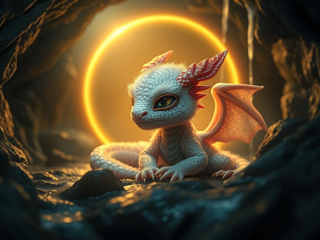 A close-up of a fluffy baby dragon puppy with it's eyes closed and placid pose, wrapped around a magical ...  by @Tildar