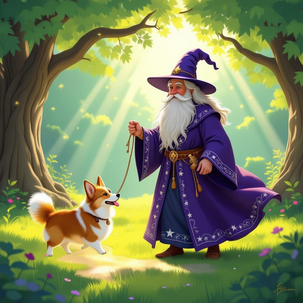 A wizard floating a foot above the ground while taking his corgi for a walk in the yard.