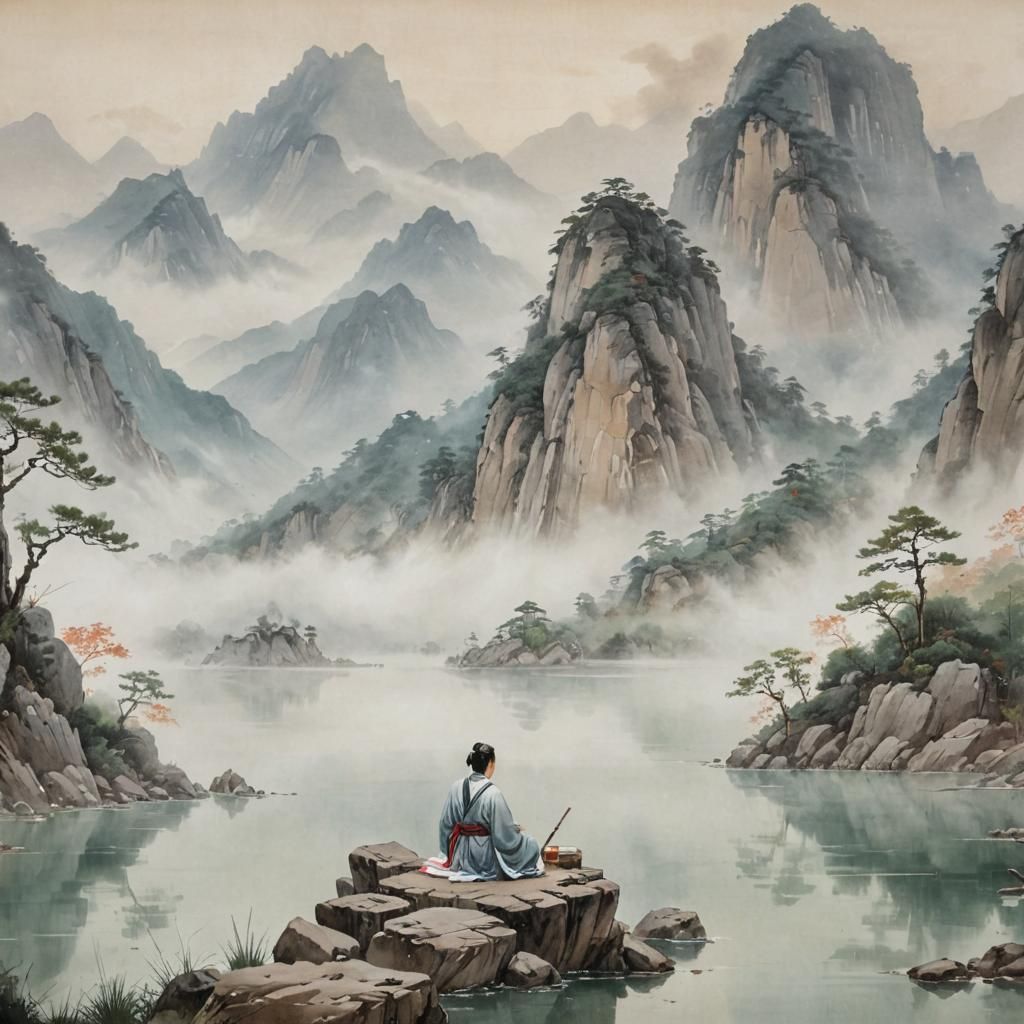 Serene Artist in Chinese Landscape Painting