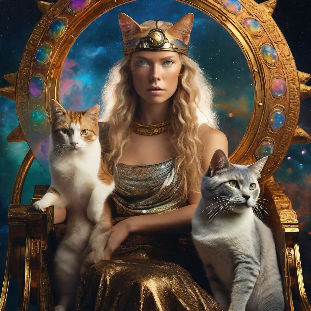 The goddess Freya in a chariot drawn by her two powerful cats. 8k