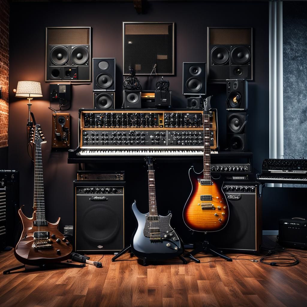 Music homestudio, Computer Screen on a Dark painted Wall, Ke...