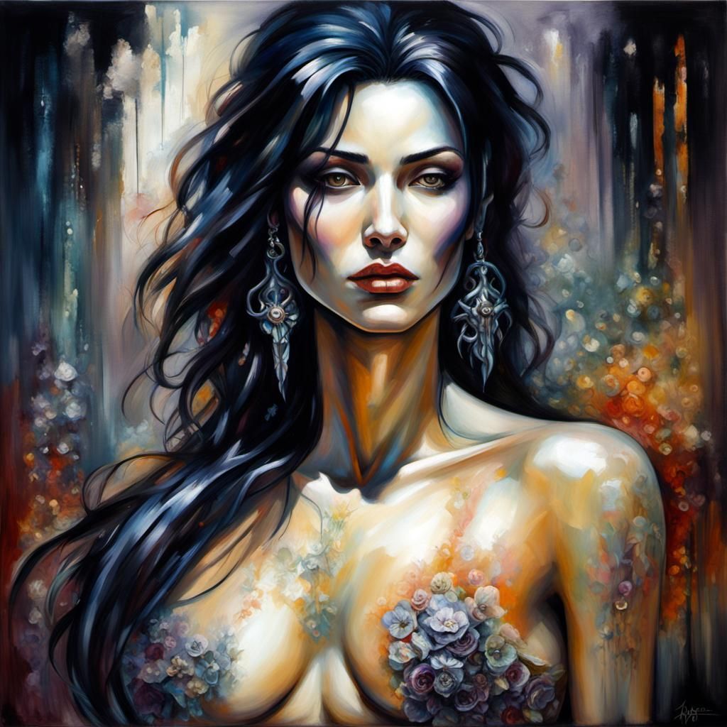 detailed oil painting of shirtless chest pretty latina female , less clothes  , great anatomy, no shirt, huge chest,no lingerii , feminine, g... :  r/nightcafe