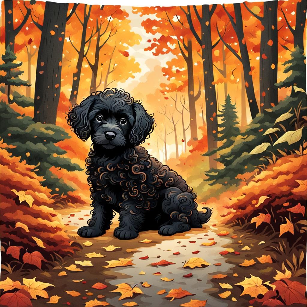 A digital illustration featuring a small, curly black patterpoo puppy ...