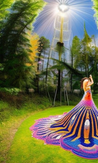 Happy woman is dancing in a surreal crochet dress in myceliu...