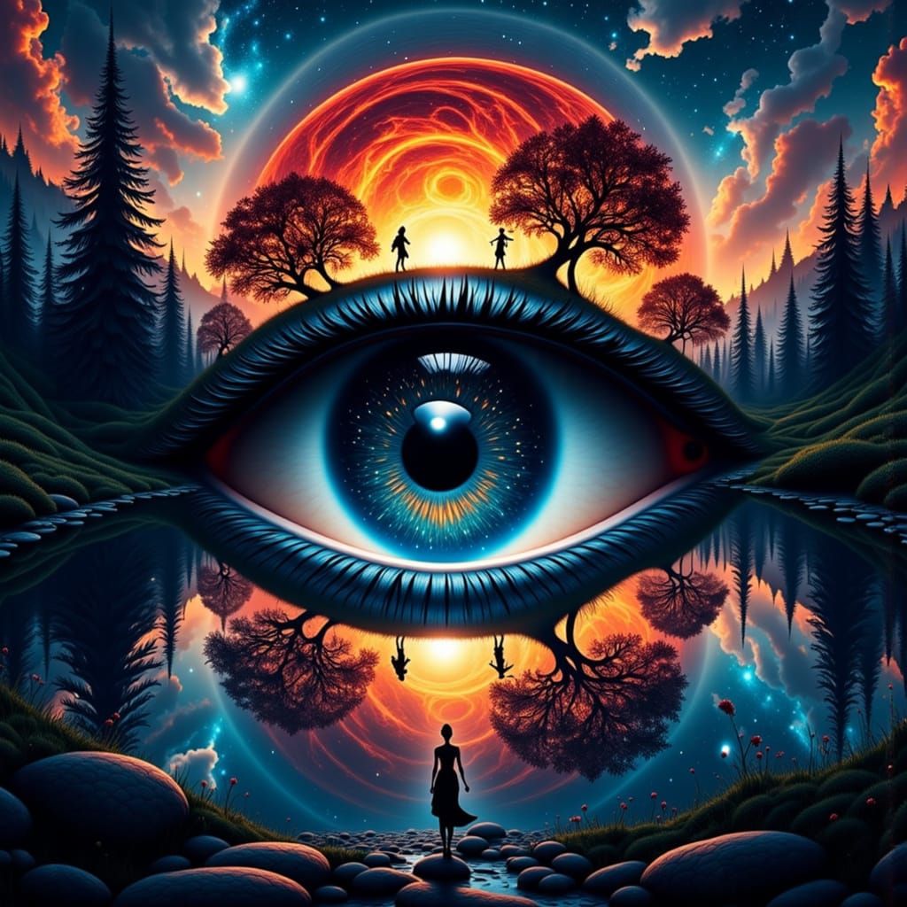  <lora:Fantasy eyes Flux:1.0> surreal eye over a dark lake at sunset