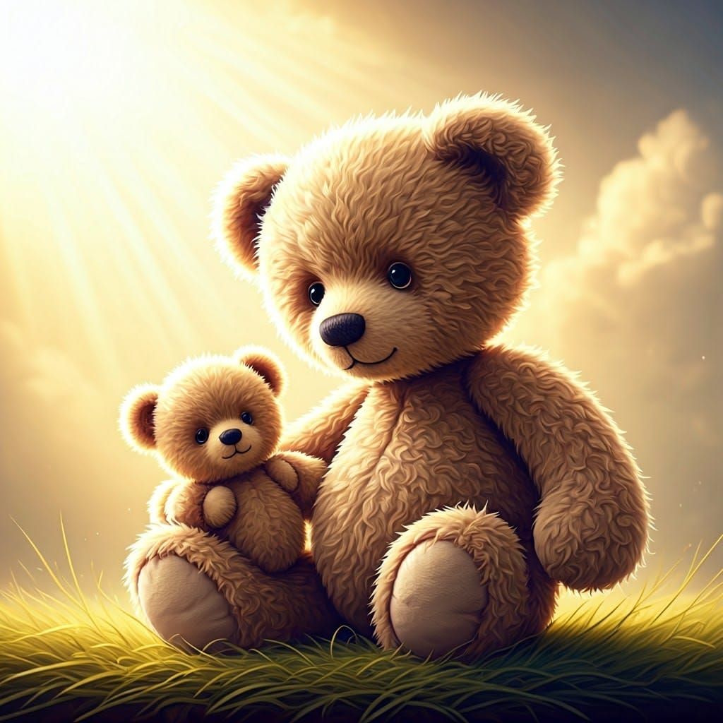 Teddy Bear Father Offers Gentle Paw to Baby in Whimsical Sun...