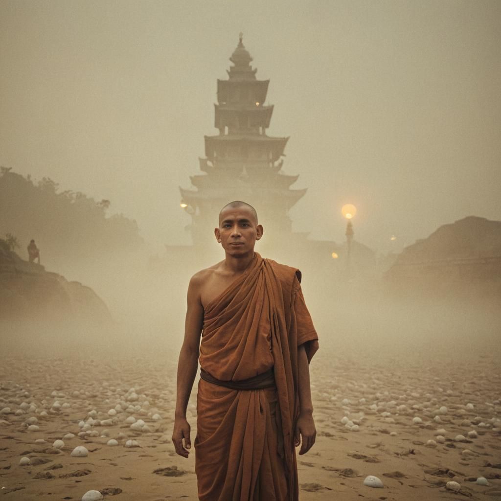 Monk in Misty Landscape with Ethereal Orbs