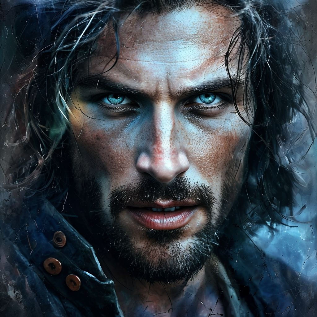 Fierce male portrait with striking azure eyes