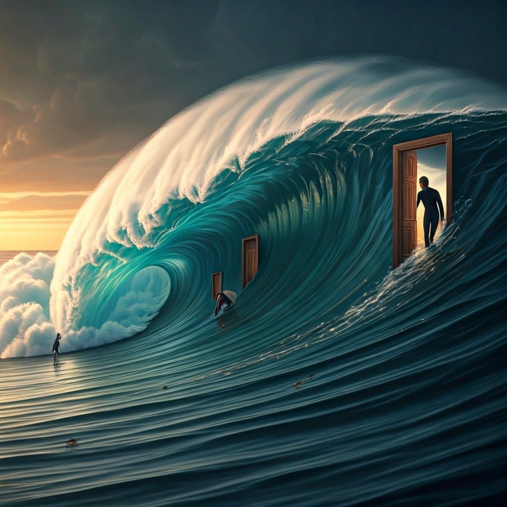 Large surfing waves. Each wave has a wooden door in it. Surfer emerges from one door.  by @Jakob Darkening