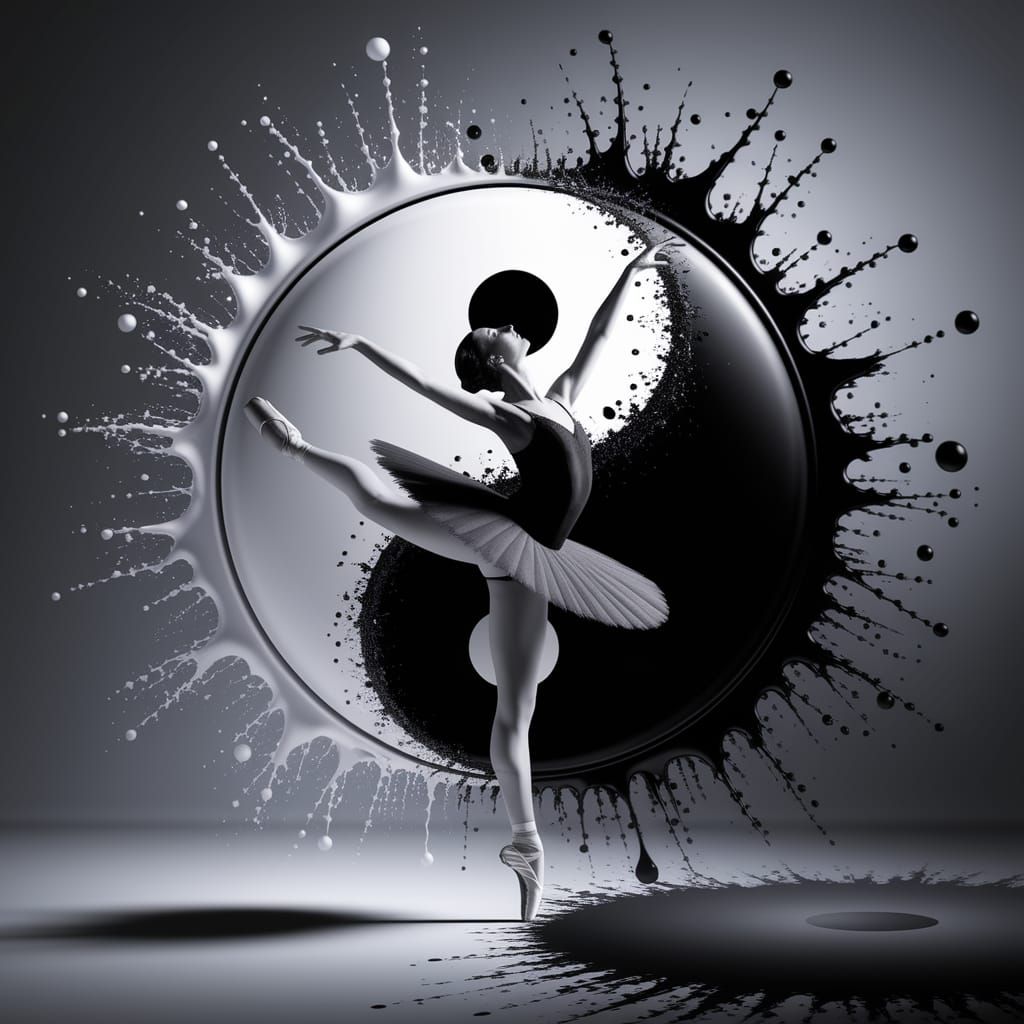 A graceful ballerina strikes a poised arabesque against a striking backdrop of swirling yin-yang energy. ...  by @amrellin