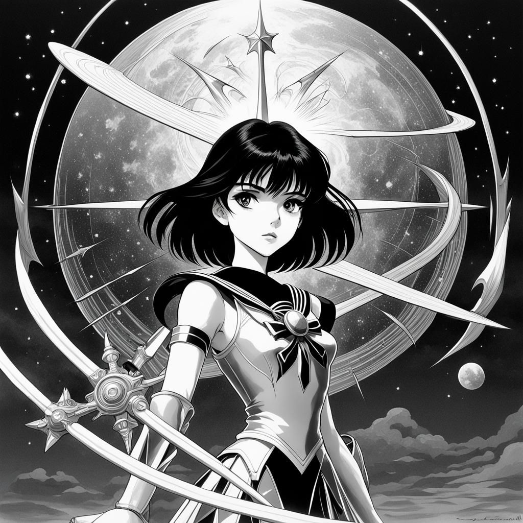 Sailor Saturn, black and white artwork, Naoko Takeuchi, Mich...