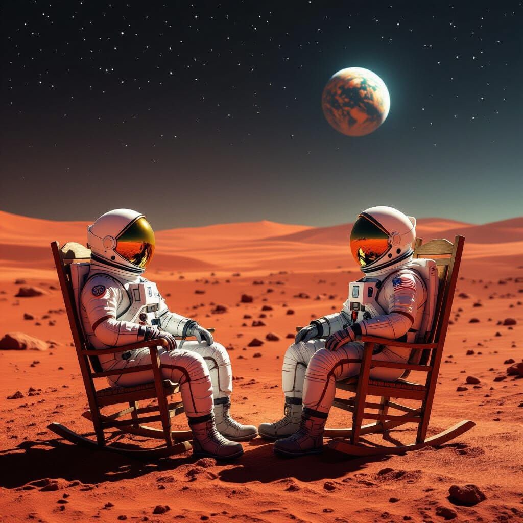 Hyperrealistic scene of two USA astronauts on the surface of Mars, sitting in old-fashioned wooden rocking chairs. They're wearing modern NA...