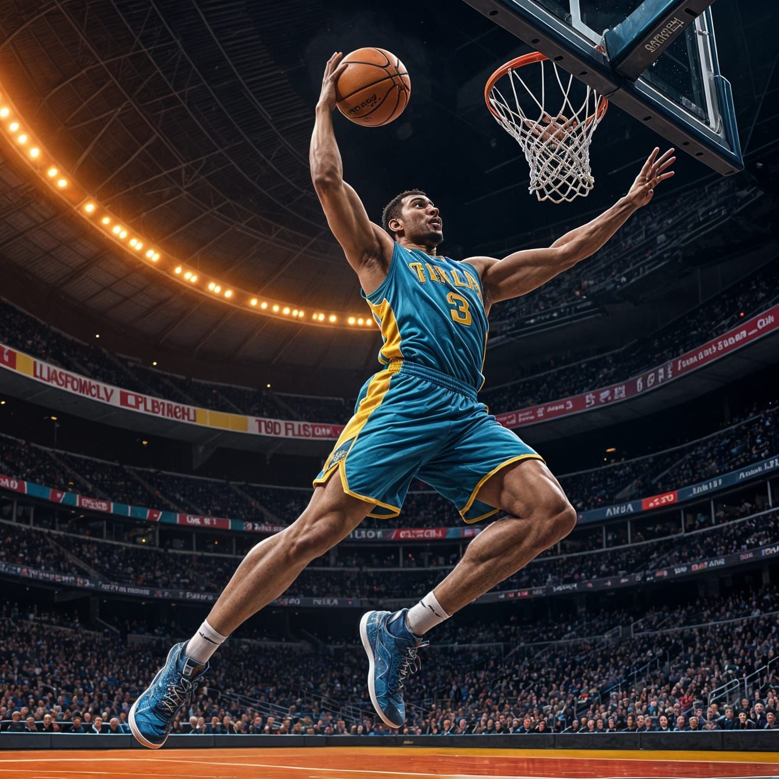 A dramatic slam dunk frozen in mid-air  by @Dometi George