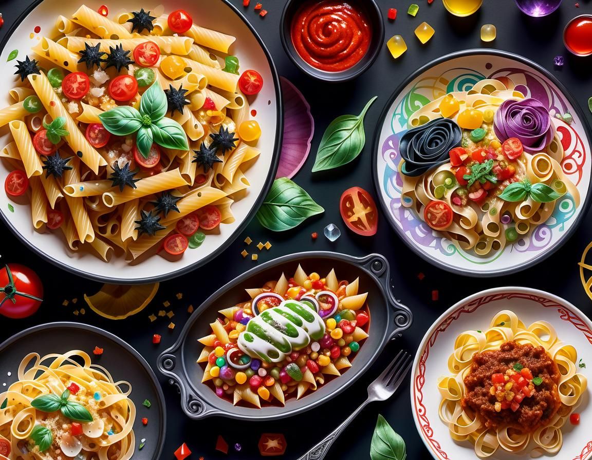 Pasta Dishes Appetizing illustrations showcasing various pasta shapes and types, adorned with delectable ...  by @Aspen