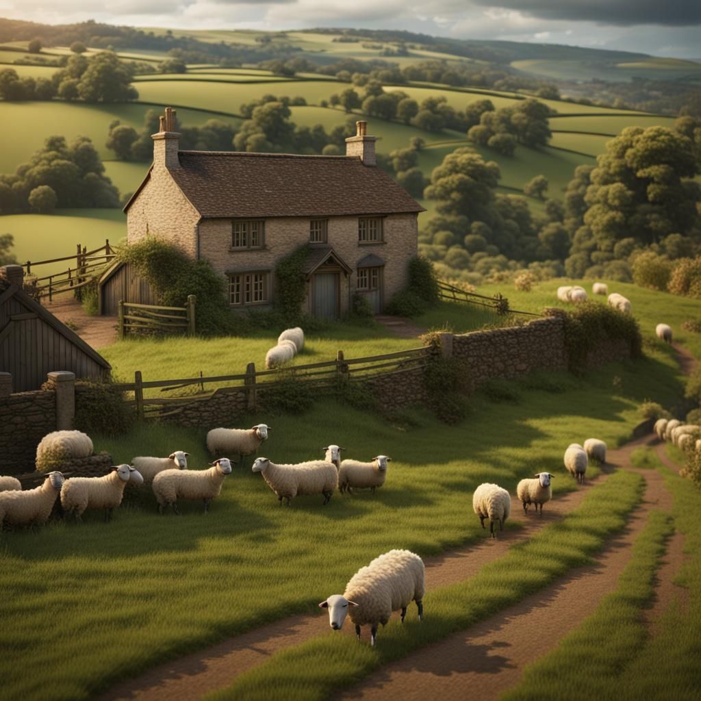 Rolling English countryside with fields containing sheep and a farmhouse on a winding country lane  by @DustyLoft