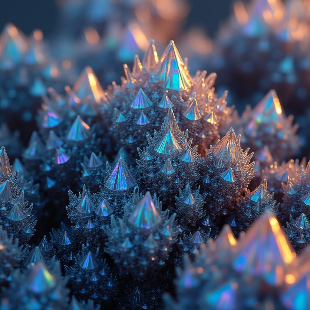 A close-up of intricate bismuth crystals in a geometric pattern