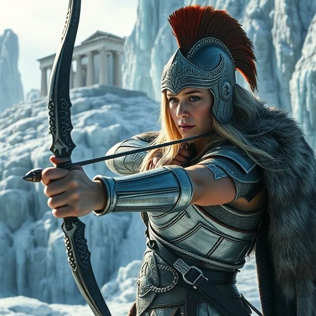Ancient Amazonian warrior queen Connie Nielsen in full armor...