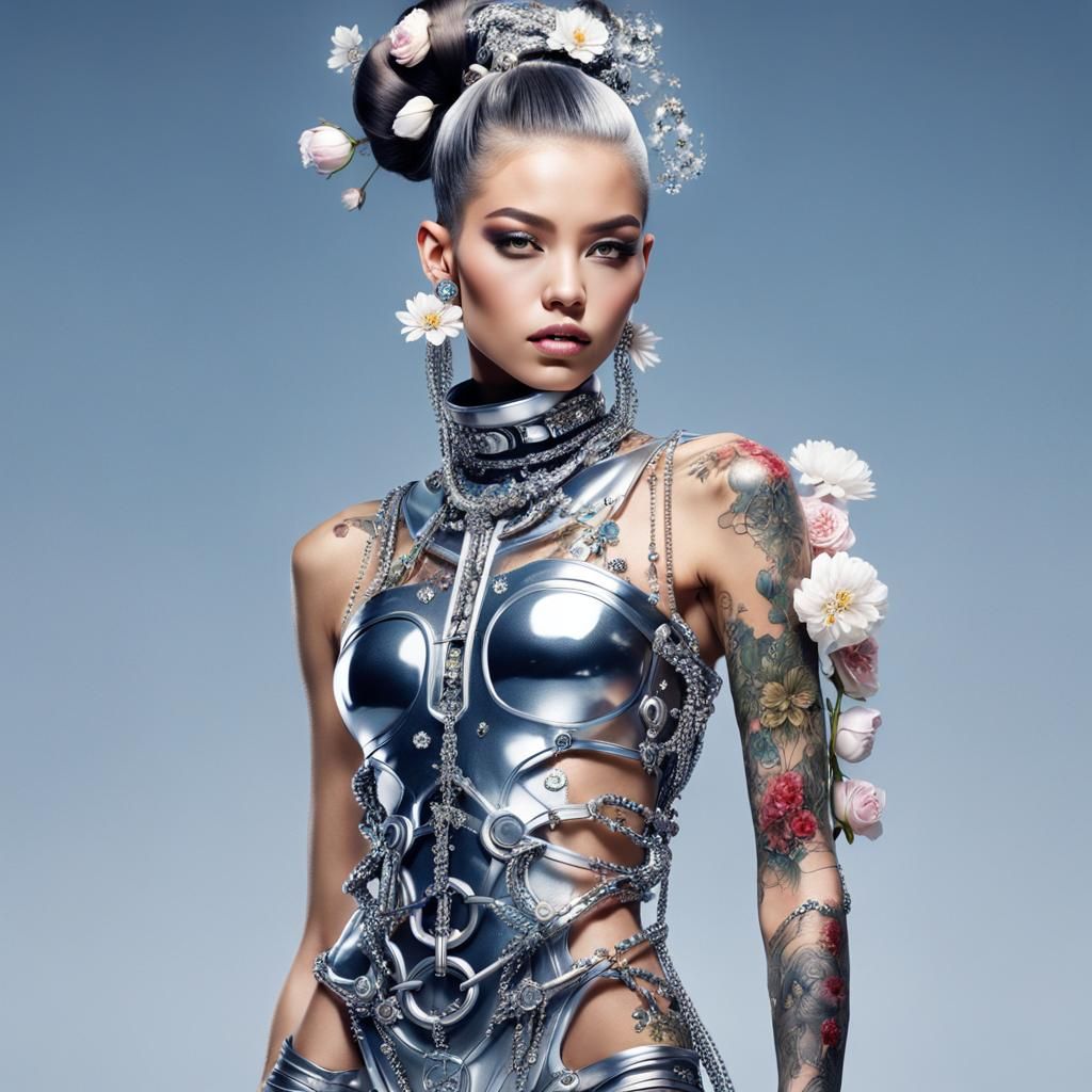 Futuristic Tattooed Woman in Jewel Dress