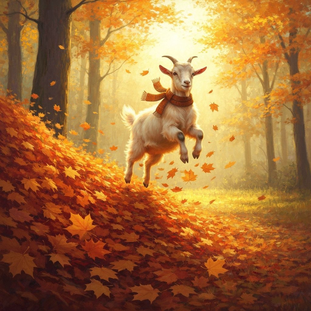 A fluffy pygmy goat wearing a tiny knitted scarf is joyfully leaping into a massive pile of vibrant autumn leaves. The scene is set in a sun...