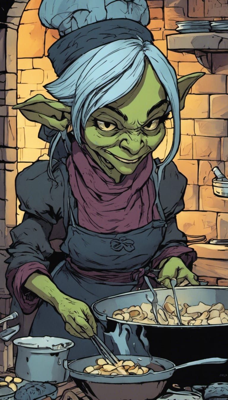 Female goblin cooking in a dungeon-like kitchen