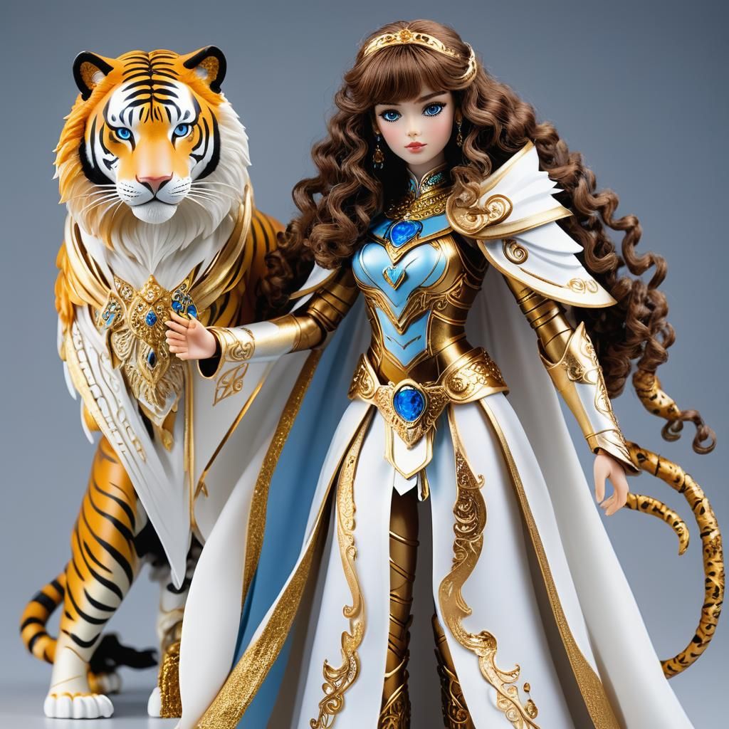 woman with long brown curly hair with bangs Titan doll with ...