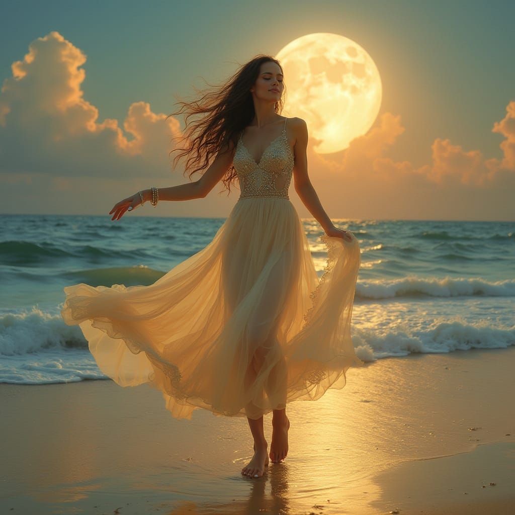 Ethereal Moonlit Goddess on Beach