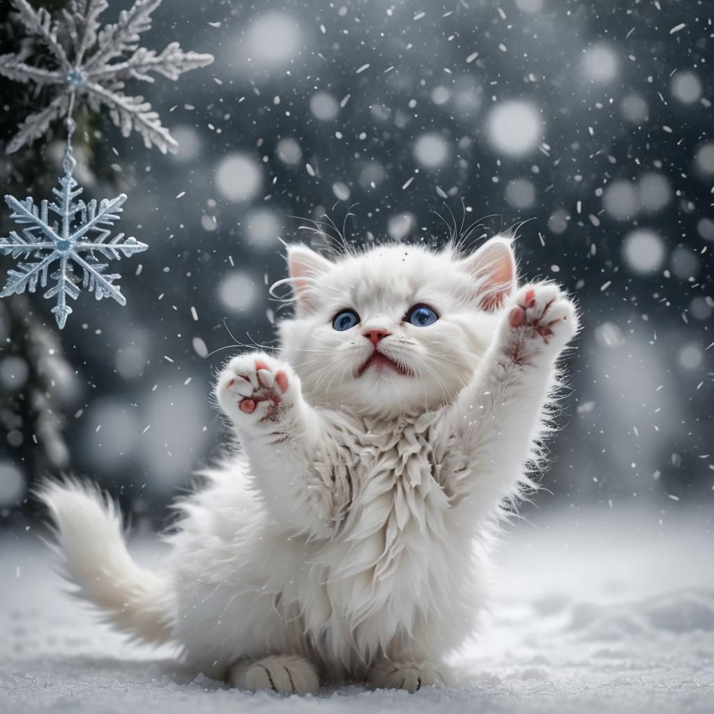 Beautiful fluffy little white kitty pawing at a snowflake in a blizzard   by @Swiftspark