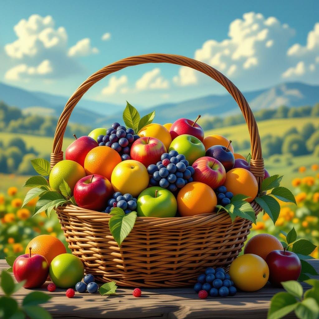 Mixed fruits in a basket depicting annual harvest with cool nice background. Don't add humans
