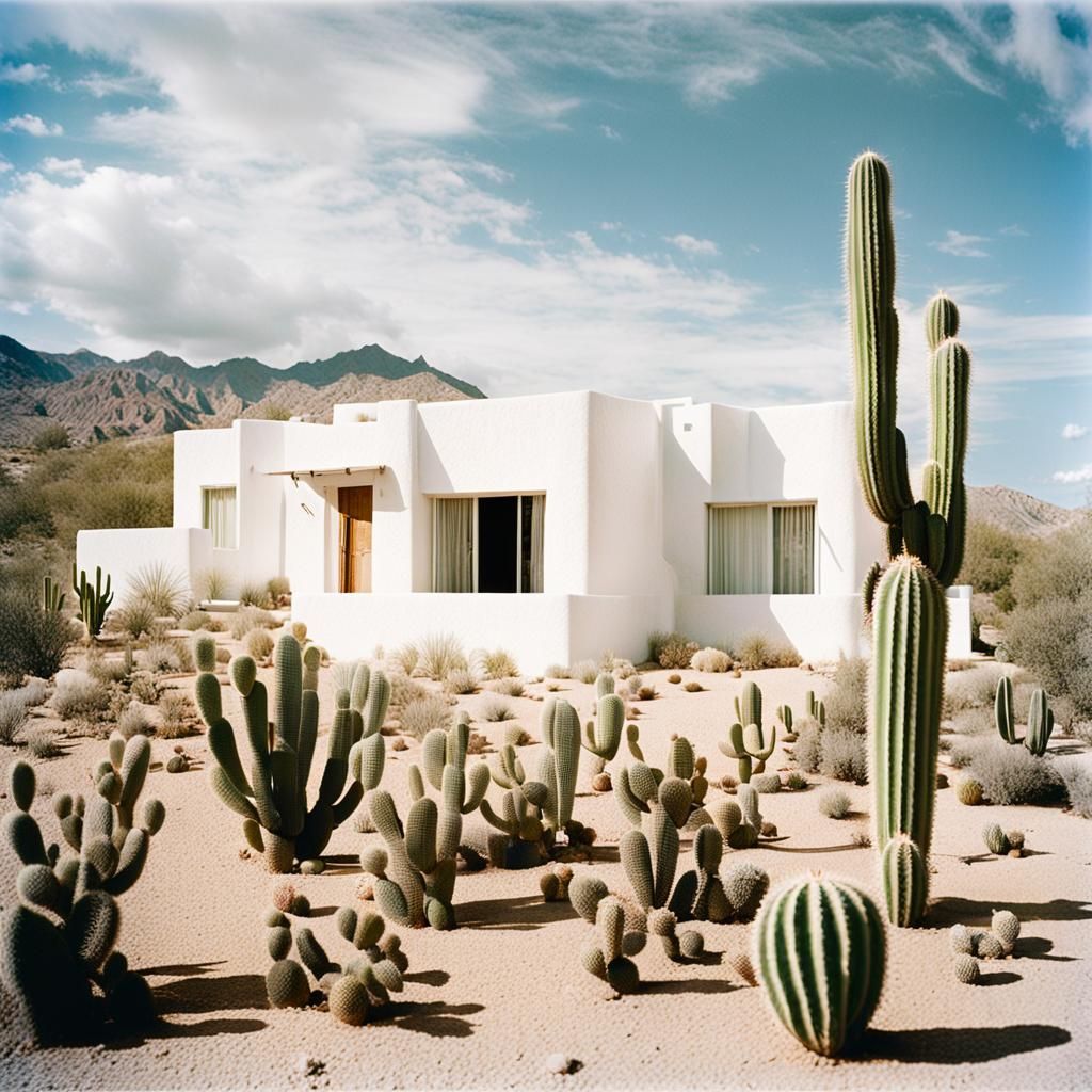 white home with cactus by enrique garcia, in the style of lo...