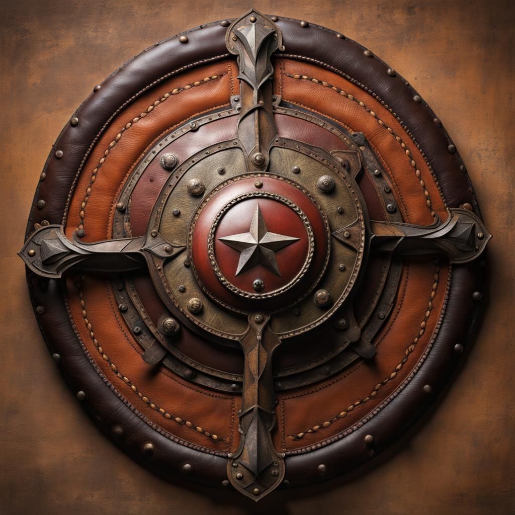 A breathtakingly beautiful military shield, made of leather and iron. Symmetrical.  by @Heart Bridge