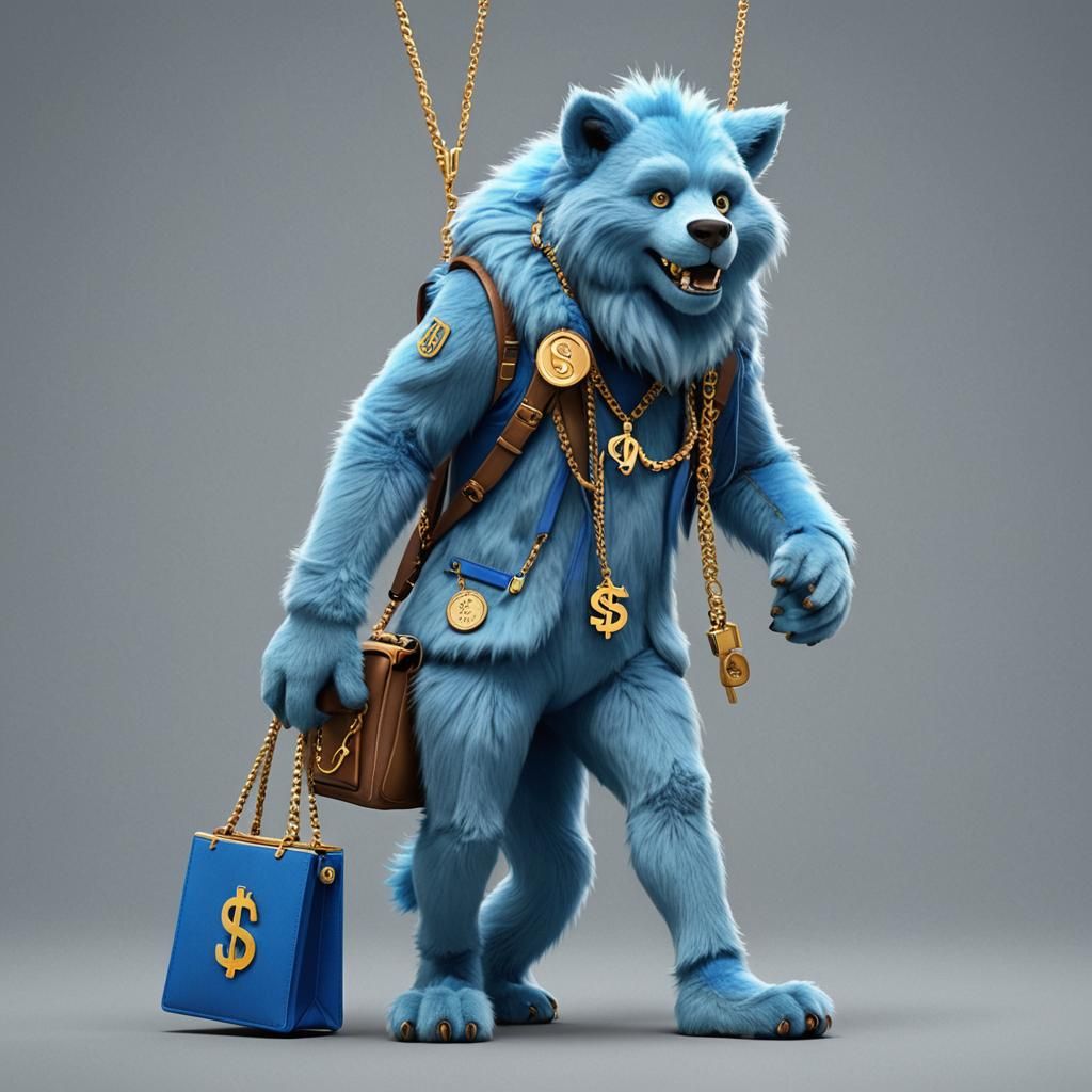 Create one blue skin furry with two long legs carrying a braficase of