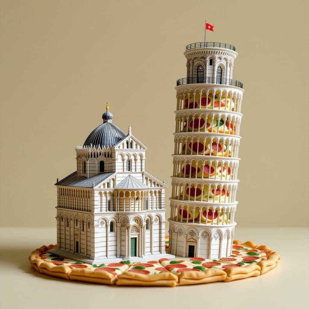 Leaning Tower of Pisa Made of Pizzas in Papercraft Style