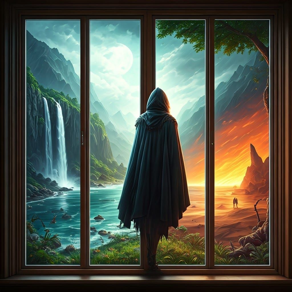 in a window frame divided into 4 parts, in each part a different landscape, in the first a mountain valley with a waterfall, in the second a...