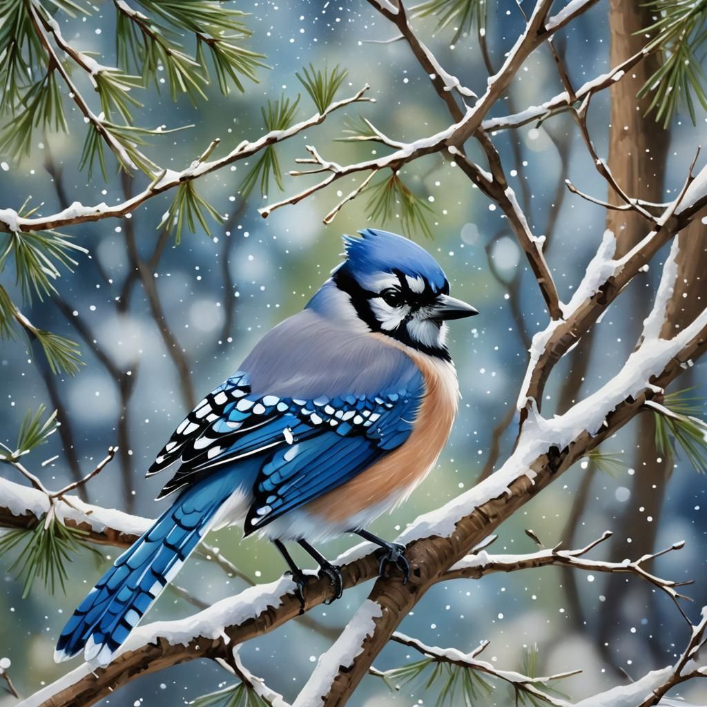 Blue Jay in Winter Hollow: Abstract Whimsical Art