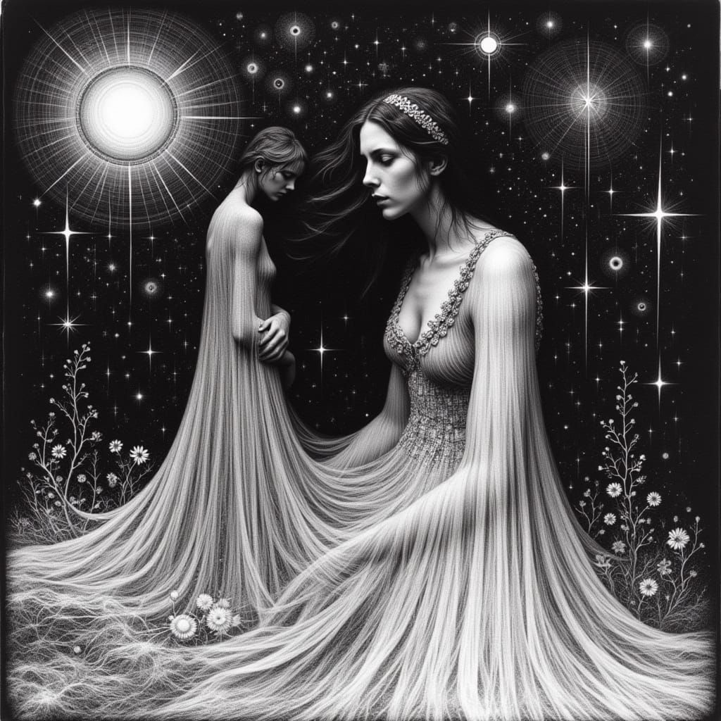 <lora:White And  Shadow:1.0> black and white, mystical and poetic dreamlike Paul Klee, surreal and celestial, etching & delicate aquatint te...