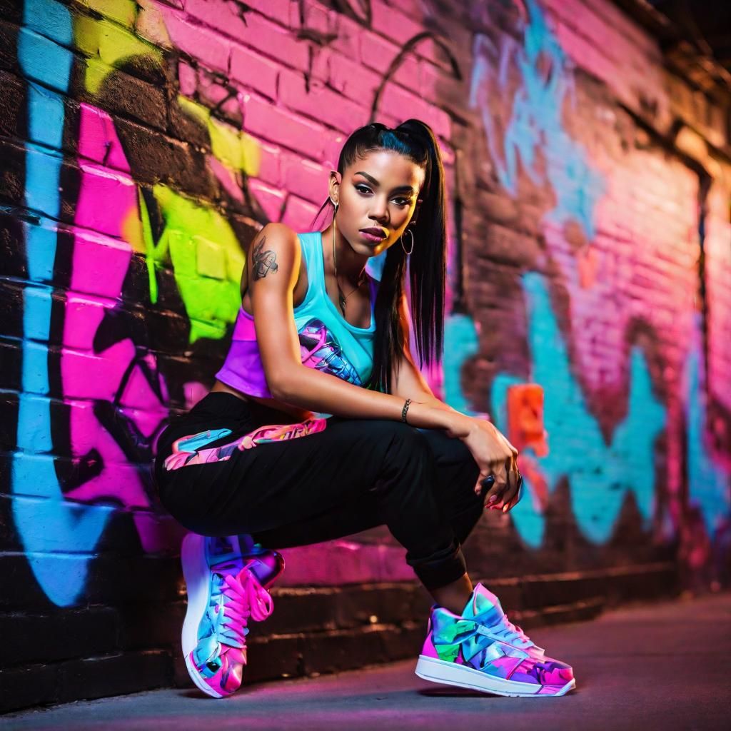 A hip hop scene with a black hair skater girl at night in th...