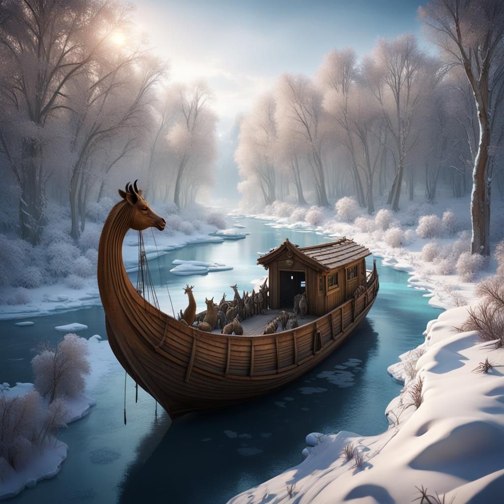 noah ark warm wooden boat on a luminous frozen river, surrounded by ...