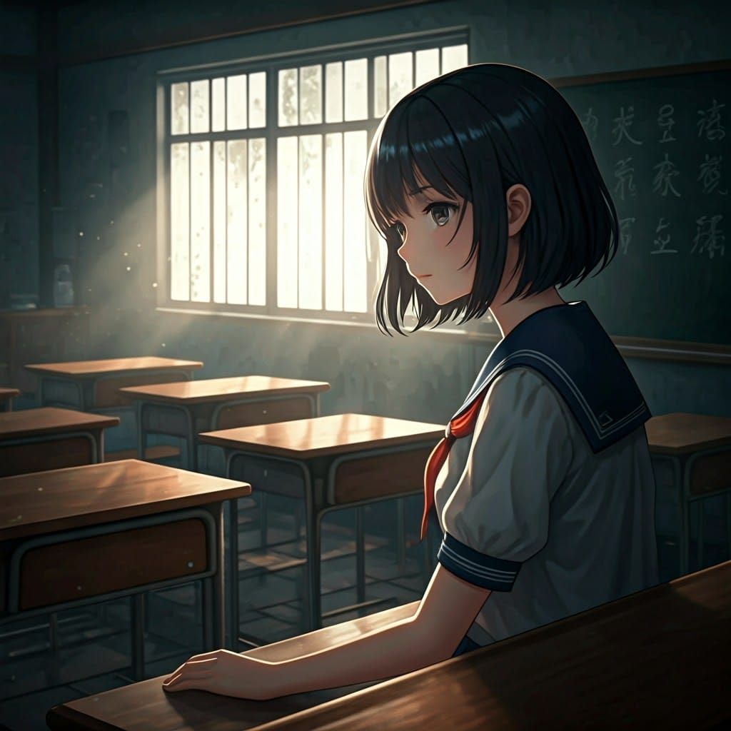 Enigmatic Anime Girl Lost in Thought in Old Classroom
