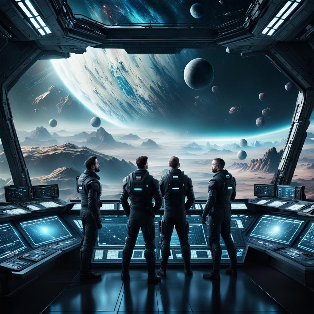 The crew stands in the control room of a spaceship and looks out at the meteors and planets  by @Icelman 