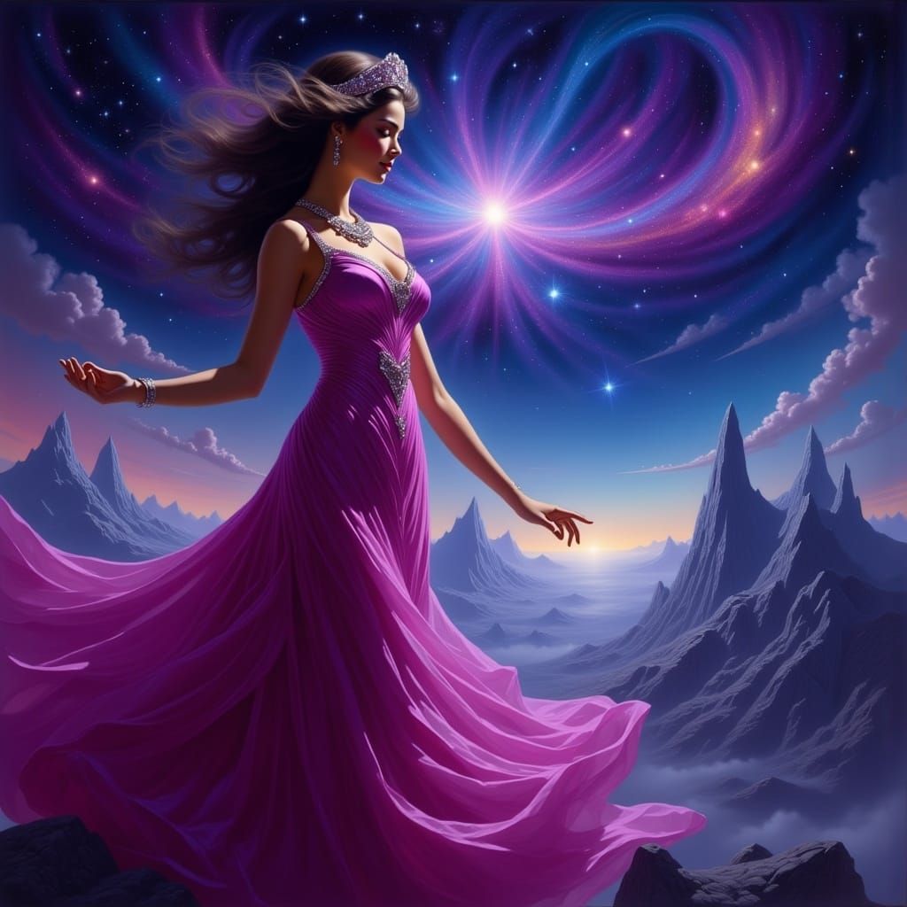 In the Milky Way, where her aura's seen
With a heart that glows, in vibrant hues
Love transcends, in celestial blues
She's the rhythm of the...