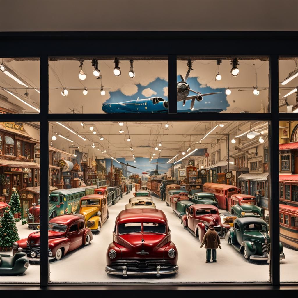 trains, airplanes and automobiles toy shop window display. AI