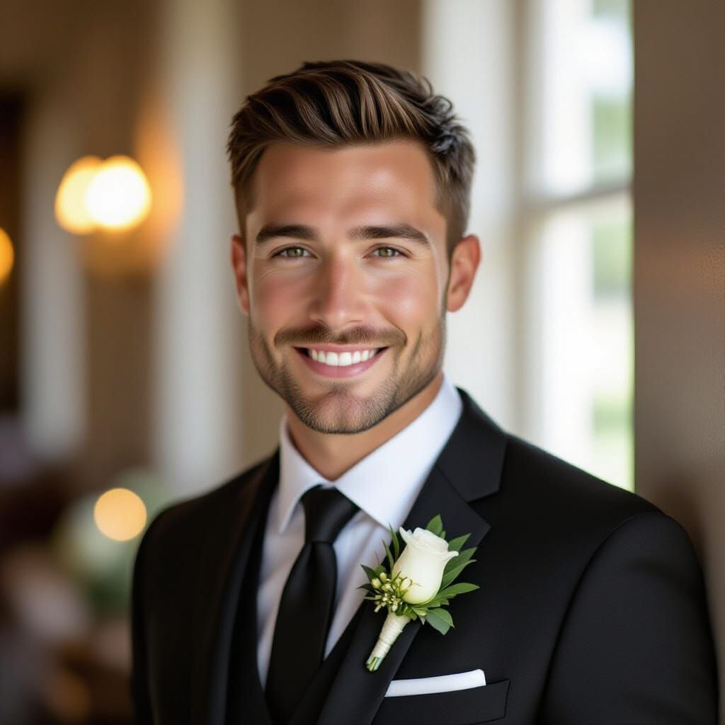 Groom on Wedding Day in Soft Golden Hour Light